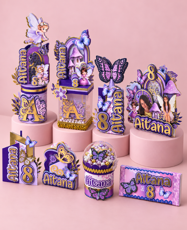 Colección personalizada de mariposas y hadas en tonos rosa y violeta