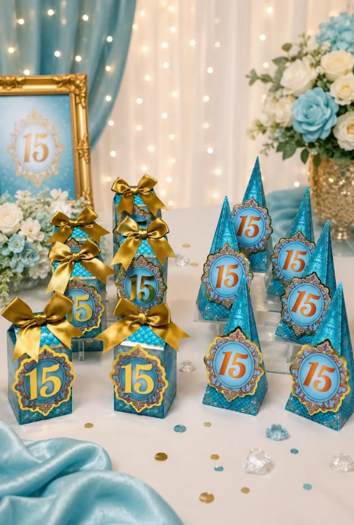 Cajas y detalles personalizados para quince años en azul