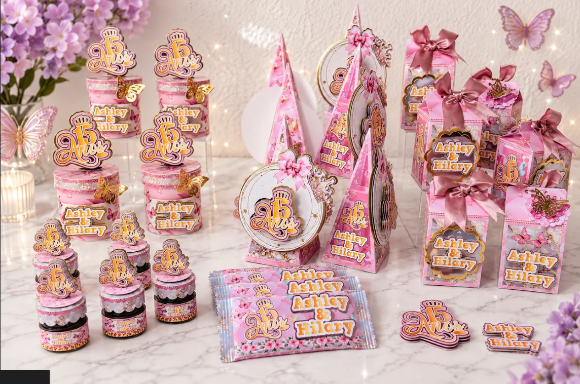 Colección coordinada para quince años en rosa con cajas, toppers y envoltorios